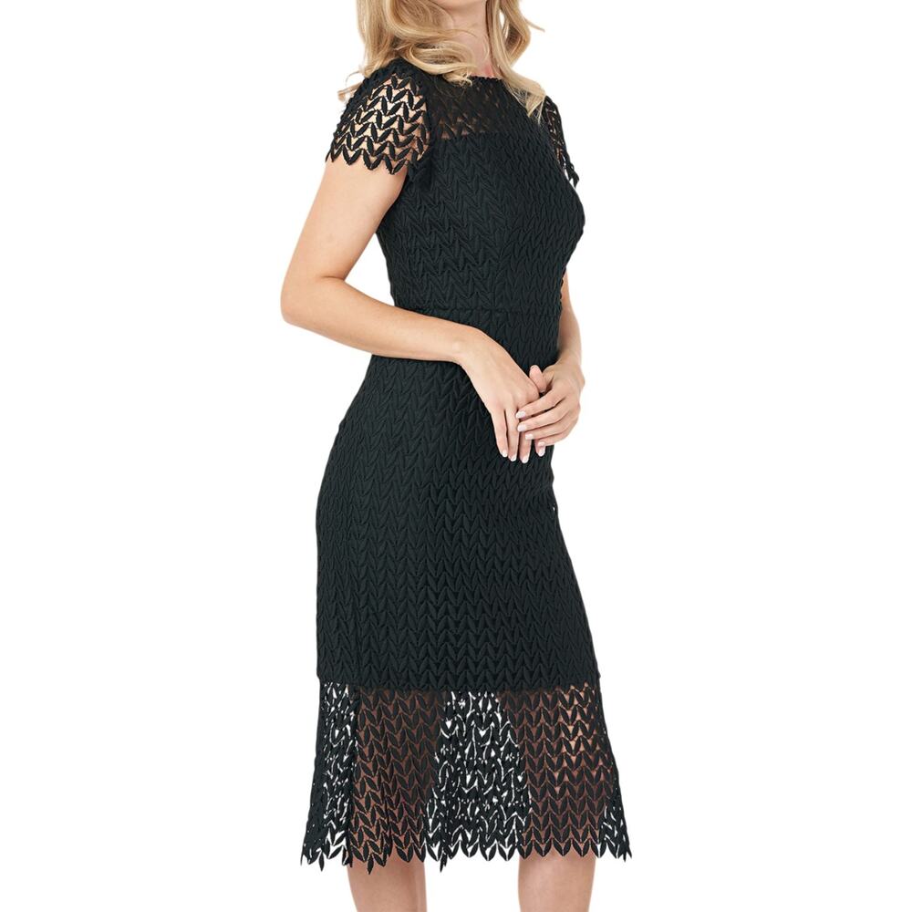 Kay Unger Tatum Black Lace Midi Dress 8 Sheer Bateau Cocktail Wedding Guest Grad